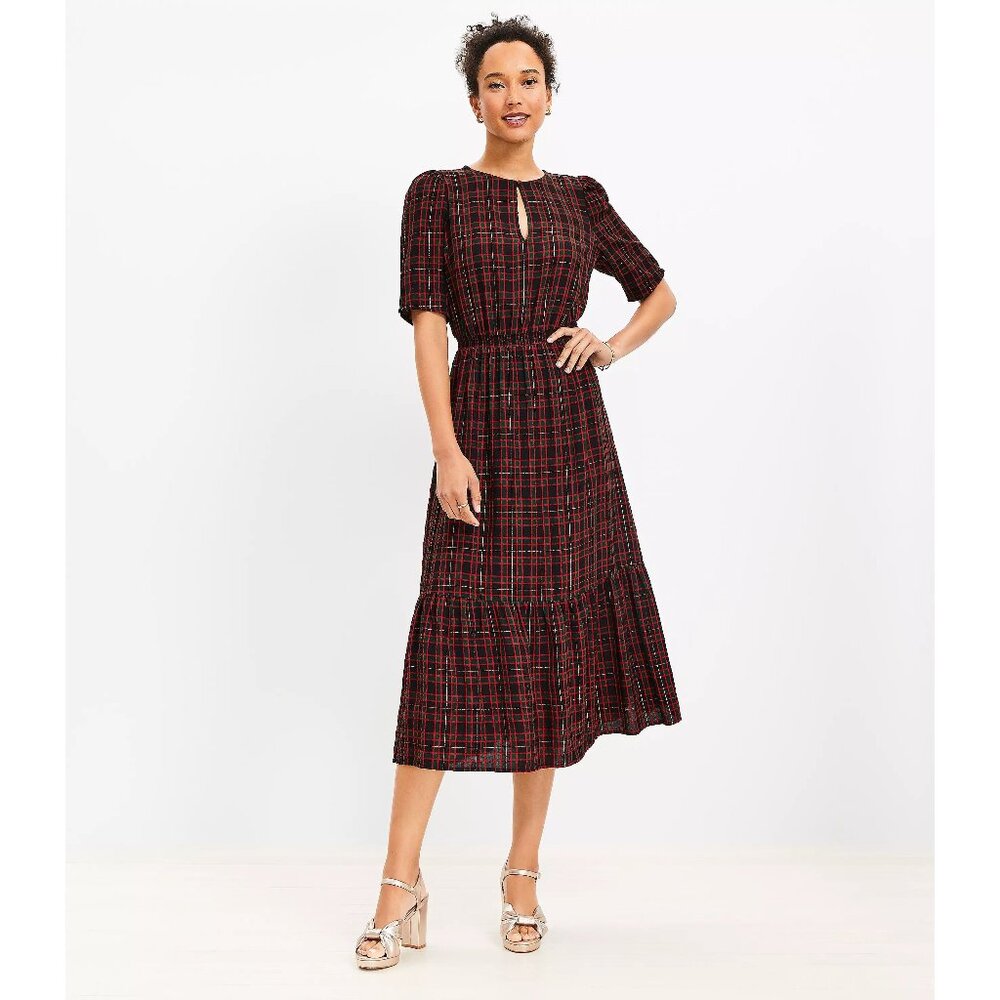 LOFT Shimmer Plaid Pleated Sleeve Flounce Midi Dress in Small